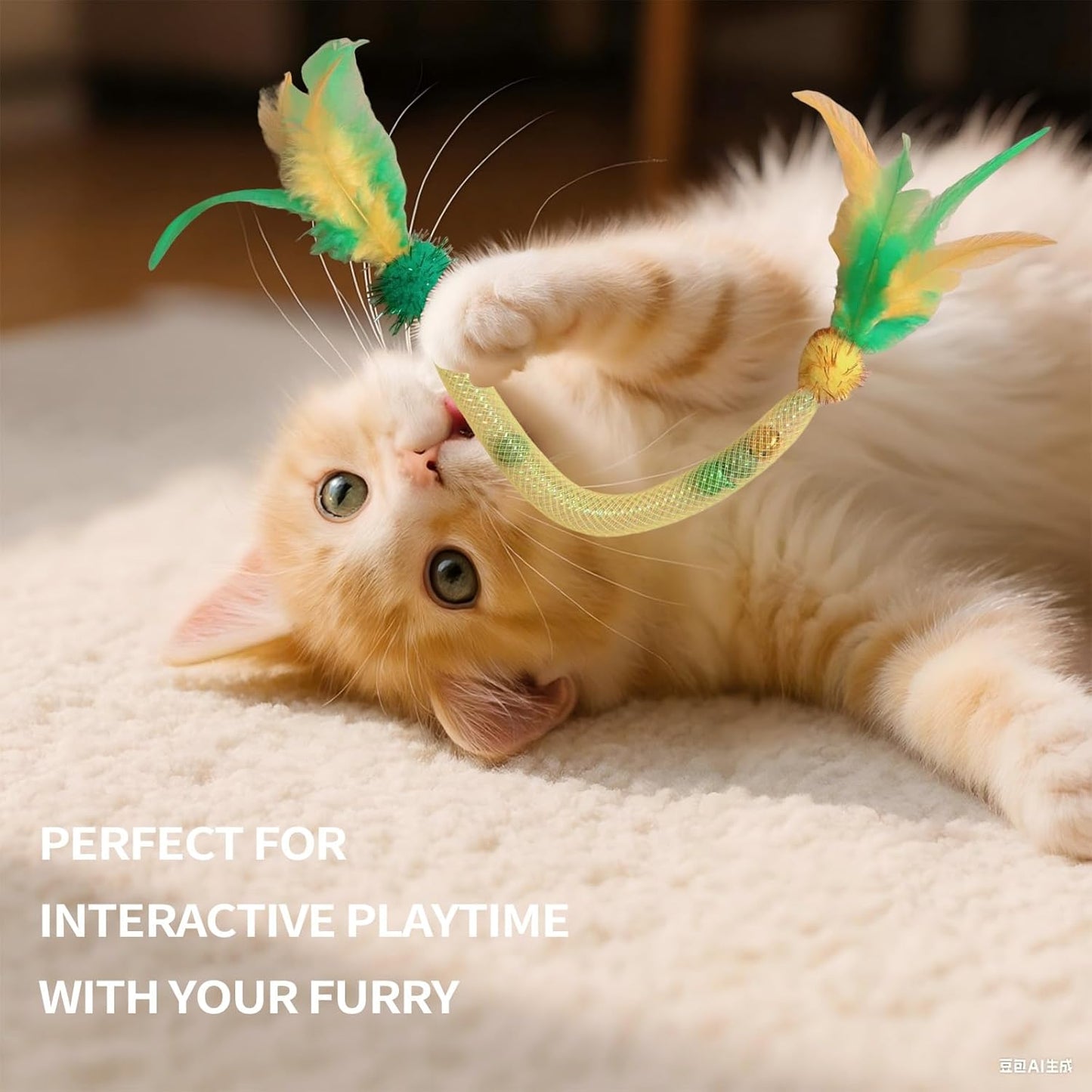 Cat Toys for Indoor Cats with Catnip – 3 Pack Feather Elastic Mesh Chew with Pom-Pom Cat Toys, 19.5 Inch Durable Kitten Teething Cat Toy Bundle with Bells