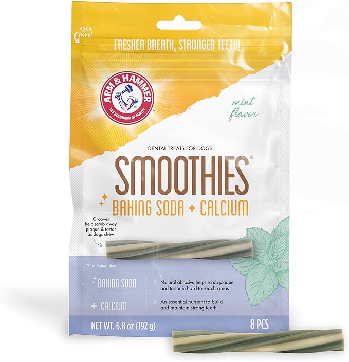 Arm & Hammer for Pets Smoothies Dental Treats for Dogs with Baking Soda and Calcium, Treat Chews Help Fight Bad Breath, Plaque & Tartar without Brushing, Mint Flavor, 8 Pcs (Packaging may vary)