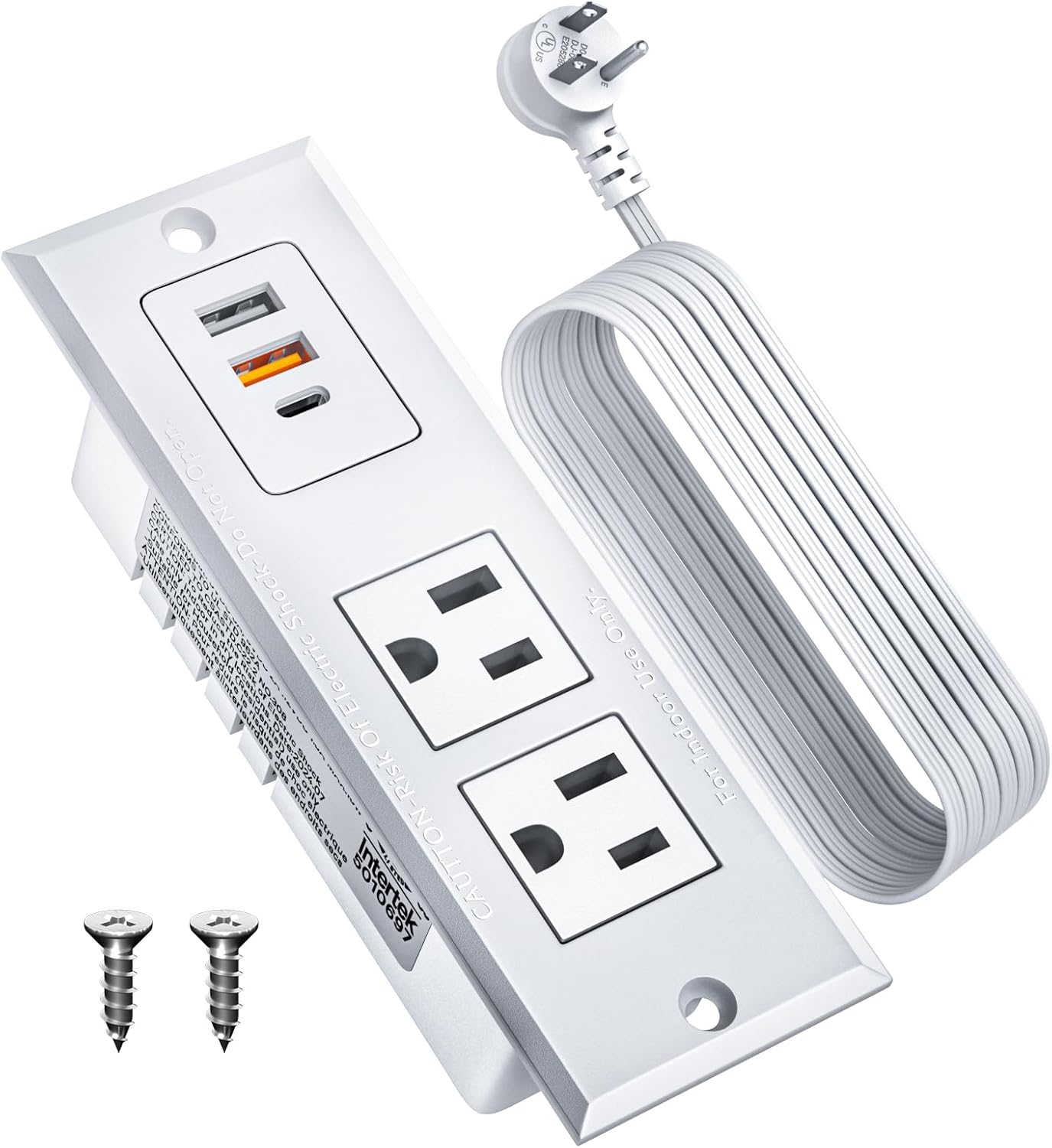 DOACE Recessed Power Strip with 18W USB C Fast Charging Conference Recessed Outlet,Space-Saver for Furniture Side Table,2 AC Outlets,3 USB Ports,6ft Cord, 45° Thin Flat Plug, White