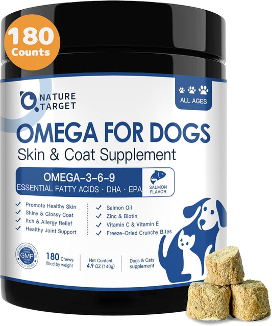 NATURE TARGET Omega 3 Fish Oil for Dogs, Salmon Oil for Dogs Skin and Coat with EPA & DHA Fatty Acids, Dog Itchy Skin Relief & Hot Spot Treatment, Reduce Shedding, Support Hip & Joint Health - 180 ct