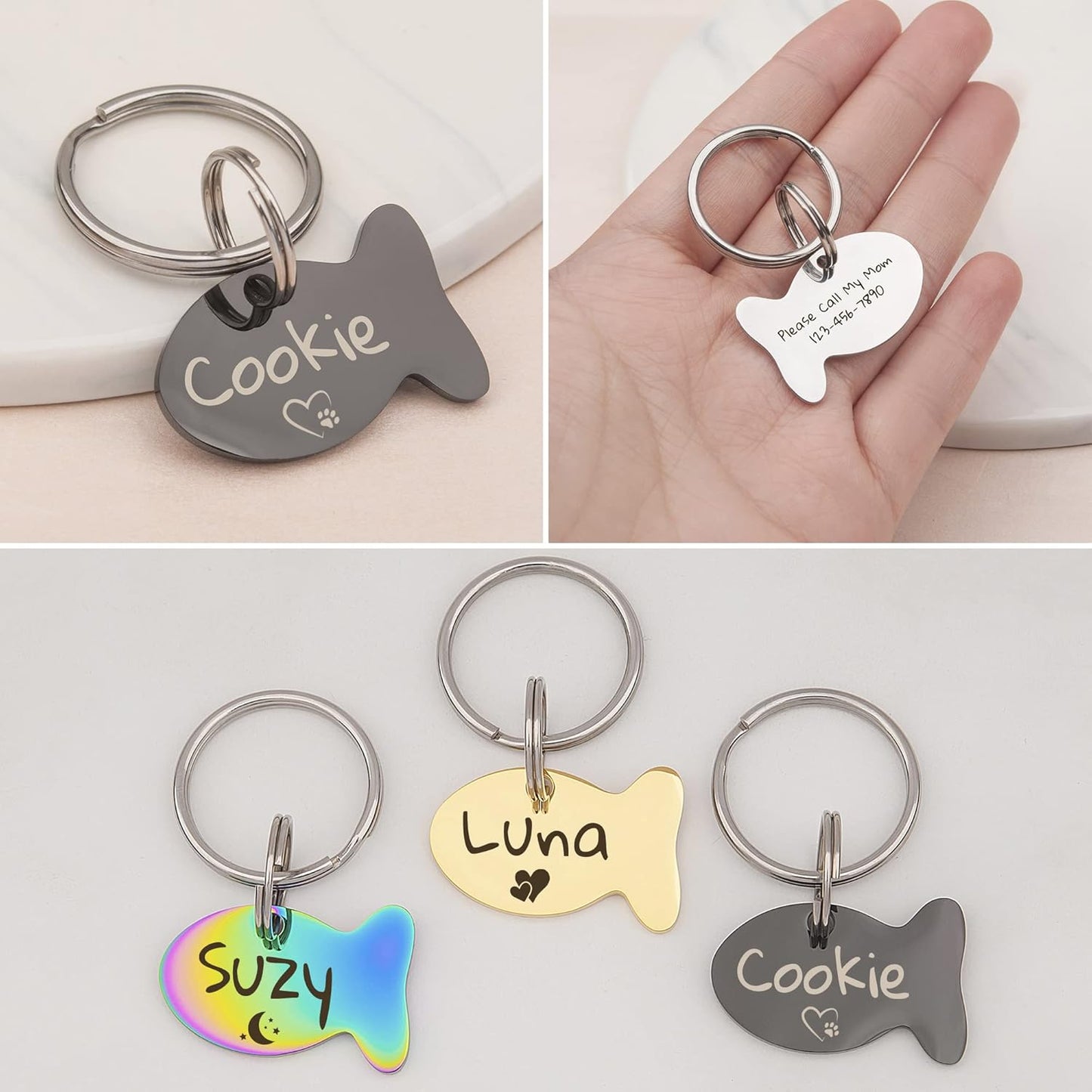 Anavia Small Size Dog Cat ID Tags, Small/XS Personalized Color Plated Stainless Steel Puppy Kitten Name Tags, Customized Engraved Nameplate Pet Collar Tag (Purple, Fish)