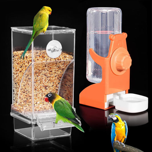 No Mess Bird Feeder for Cage, Automatic Drinker for Parakeet, Canary & Budgies (Orange)