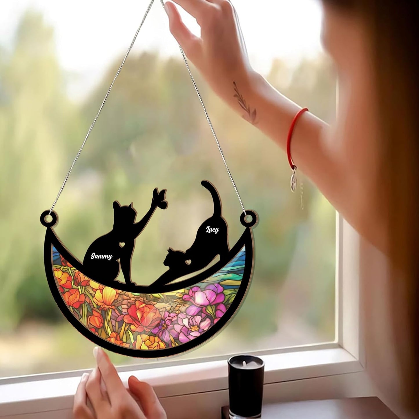 Personalized Couple Cat Suncatcher - Couple Pet On Moon Window Hanging, Loss of Pet Sympathy Gift, Furry Friends Keepsake, Engraved Cat Lovers, Remembrance Gifts