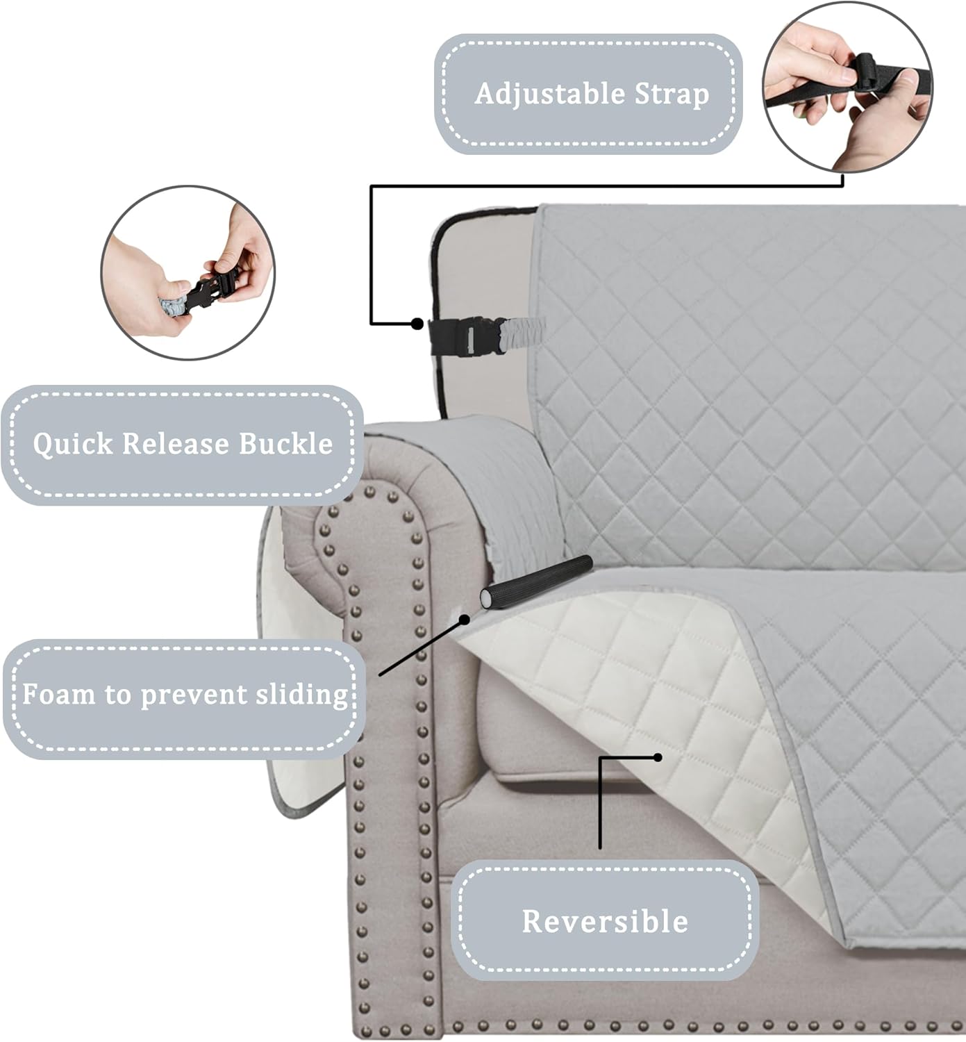 Easy-Going Reversible Chair Cover Washable Sofa Cover for Dogs Water Resistant Couch Slipcover Furniture Protector Cover with Adjustable Straps for Pets (Chair 30 in, Light Gray/Ivory)