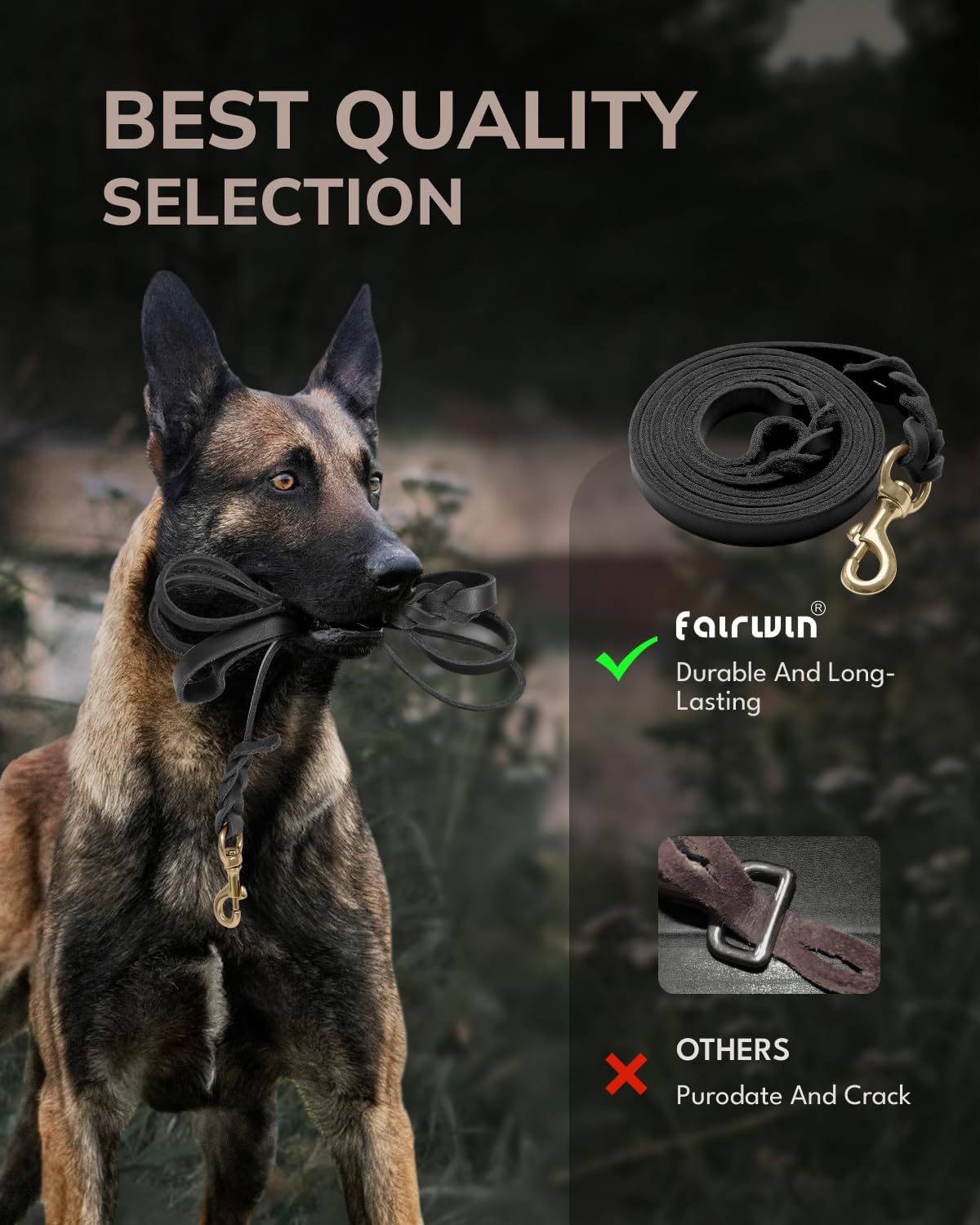 FAIRWIN Leather Dog Leash 6 Foot - Braided Military Grade Heavy Duty Dog Leash for Large Medium Small Dogs Training and Walking(Black, L:3/4" x 6ft)