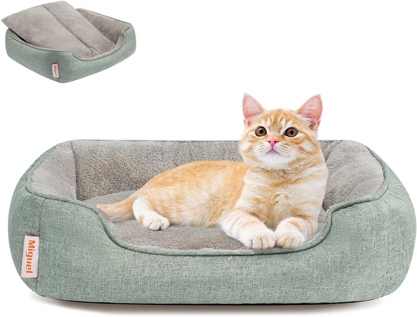 Miguel Washable Faux Linen Cat Beds for Indoor Cats with Removable Cushion Pillow, Easy to Wash Small Dog Bed with Side, Rectangle Kitten Bed Cuddle Puppy Bed with Anti-Slip Bottom, Green 20 Inch