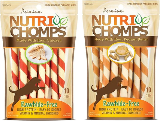 NutriChomps Dog Chews 5-inch Twists, Easy to Digest, Rawhide-Free Dog Treats, Real Peanut Butter Flavor & Real Chicken Flavor (NT112V) - 10 Count (Pack of 2)