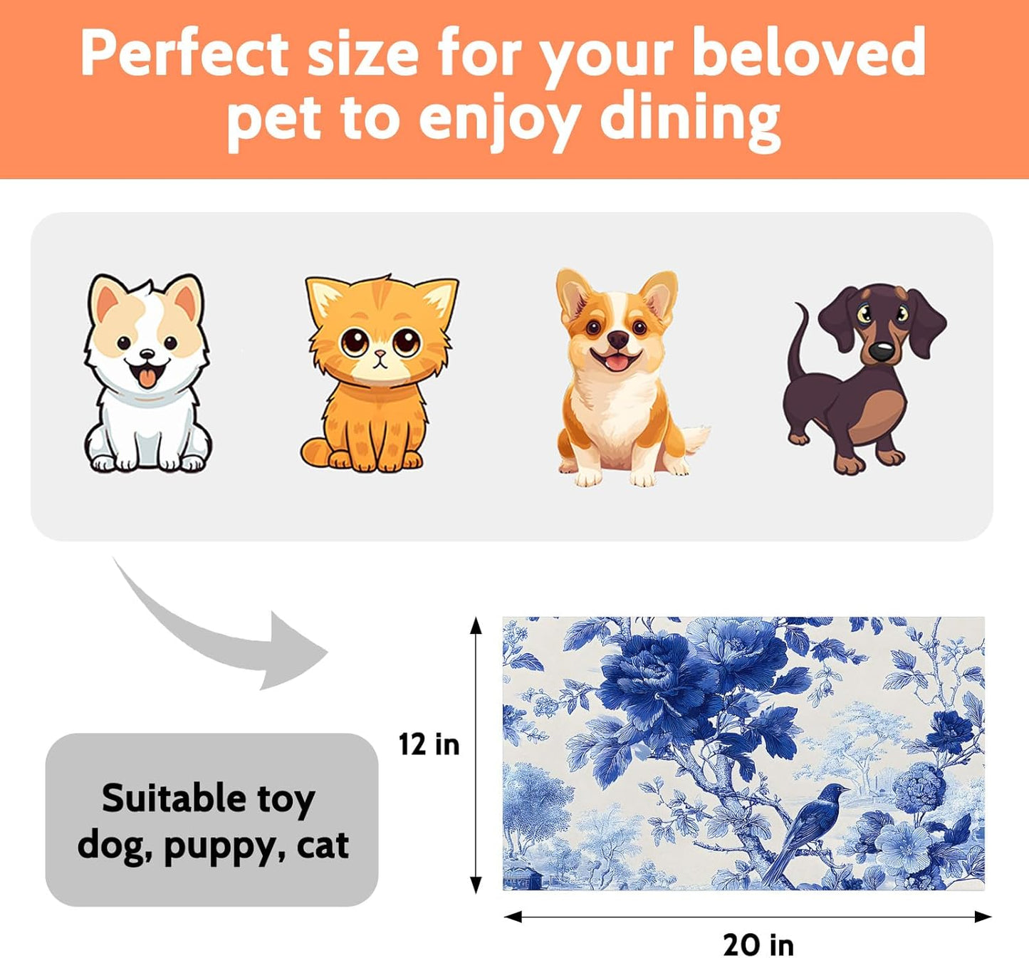 Pet Dog Cat Food Mat, Blue Floral Pet Feeding Pad, 12 * 20 Inch Absorbent Dog Food Mat, Cat Dish Mat for Food and Water, Suitable for Dog Cat or Other Pets