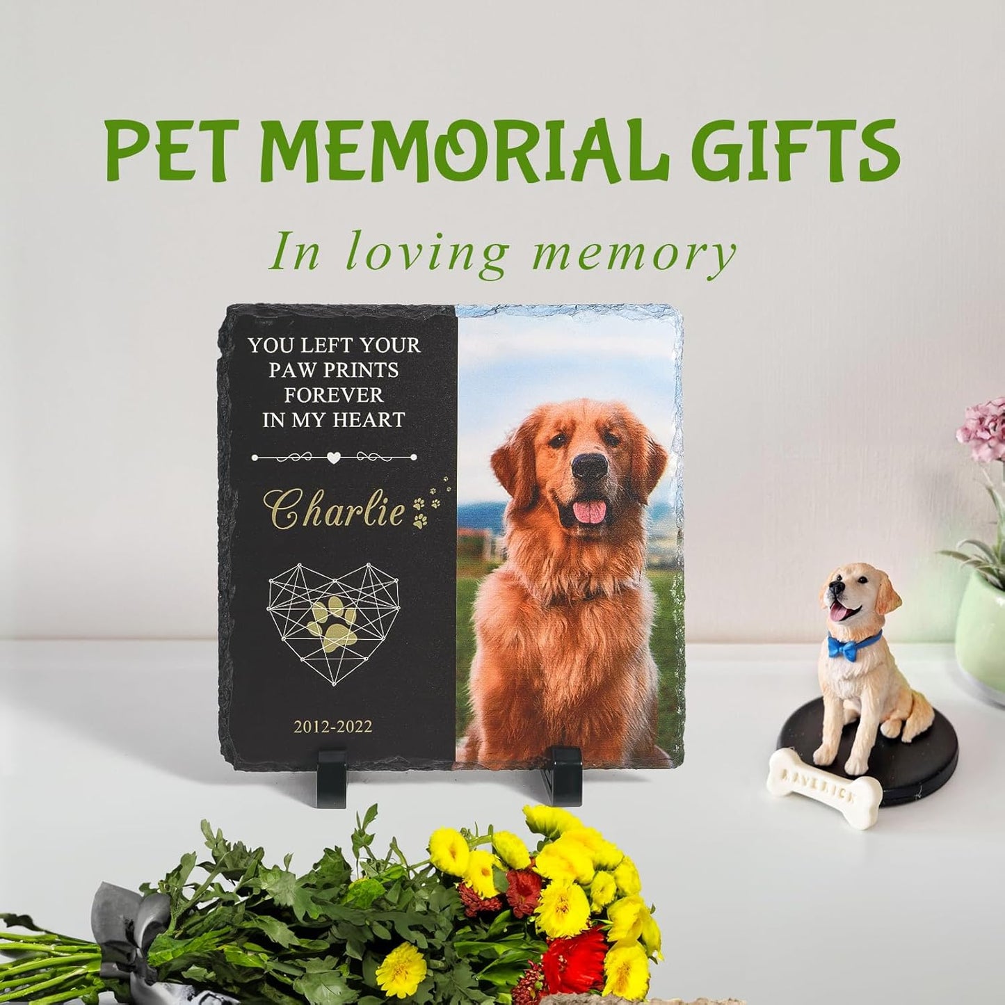 Bemaystar Personalised Dog Memorial Plaque - Customized Rock Slate Stone Picture Frame Plaque with Photo, Pet Memorial Sign with Stand Natural Slate Grave Plaque Pets Bereavement Gifts Loss of Pet