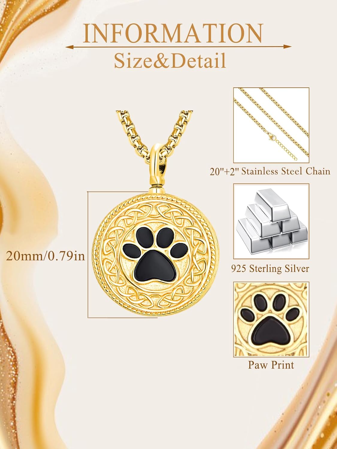 Pet Cremation Urn Necklace for Dog Cat Ashes 925 Sterling Silver Paw Print Keepsake Pendant Celtic Knot Memorial Jewelry for Women Men