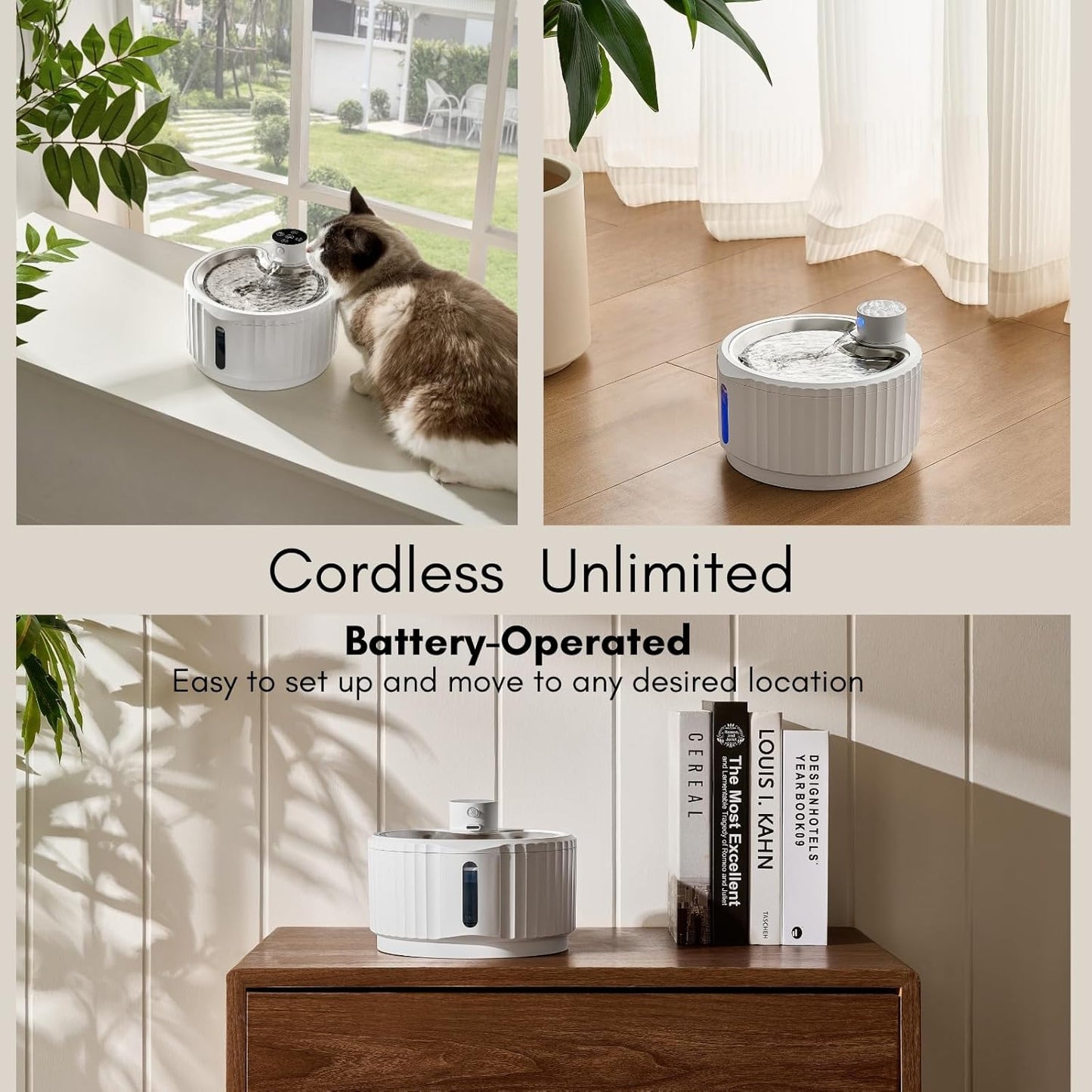 Leafur Cat Water Fountain, Battery Operated - Motion Sensor Pet Fountain 2.8L/95oz, Automatic Water Dispenser with Quiet Pump & Stainless Steel Tray (White Cordless)