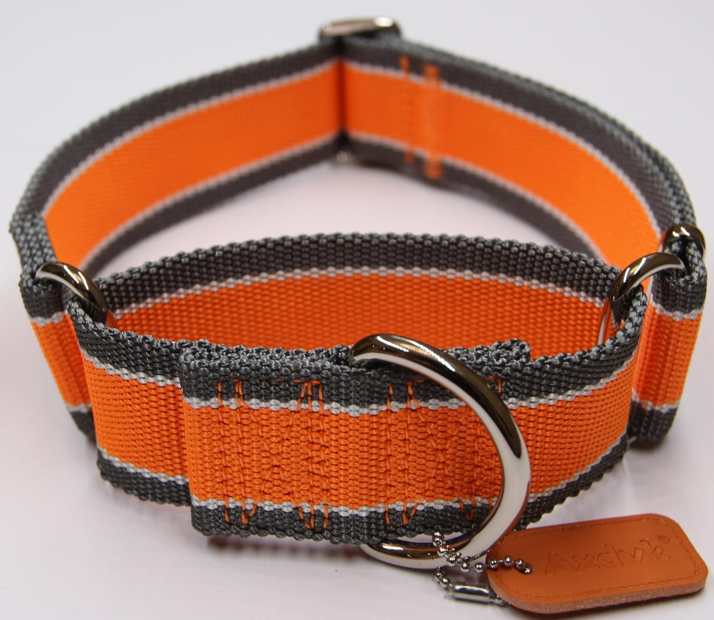 Martingale Collar 1.5 Inch Wide 1600D Extra Strong Anti Escape Nylon Dog Collar, No Pull Heavy Duty Pet Collars with 3-Color Stripe for Large to XLarge Dogs (XL, Orange & Gray)