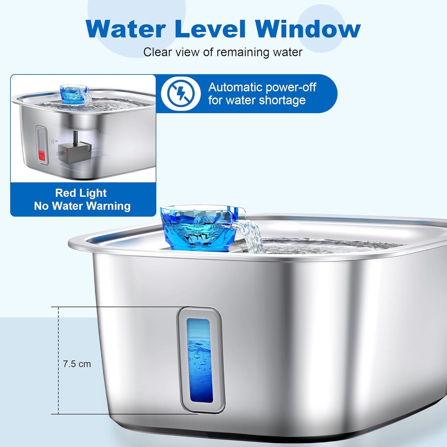 Large Dog Water Fountain Stainless Steel, 3 Gallon Pet Water Fountain with Visual Window, Dog Water Dispenser Automatic Waterer Bowls for Drinking with 2 Filters for Cats, Dogs, Multiple Pets