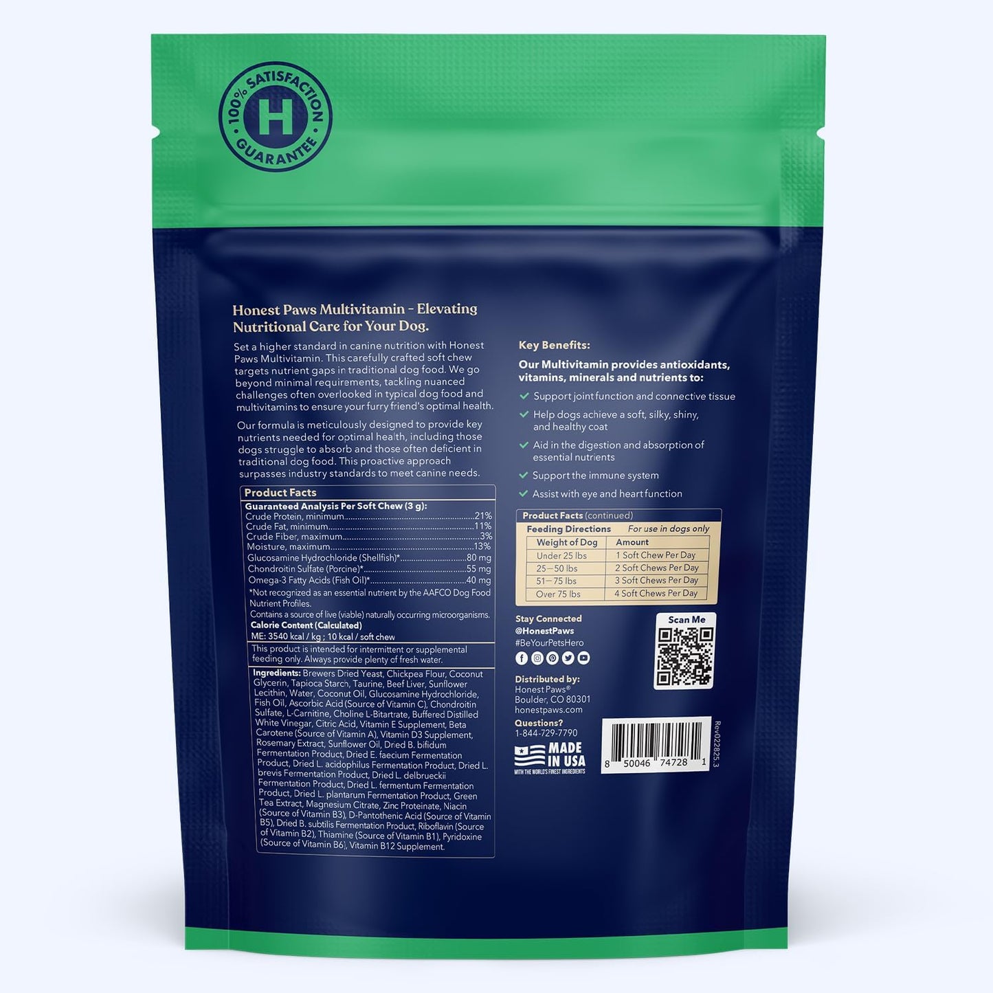 Honest Paws (90 Count) Dog Multivitamin Soft Chews with 10 Essential Vitamins - Joint, Coat, Immune, Eye & Heart Support - with Glucosamine, Chondroitin & Omega-3 - Beef Flavor