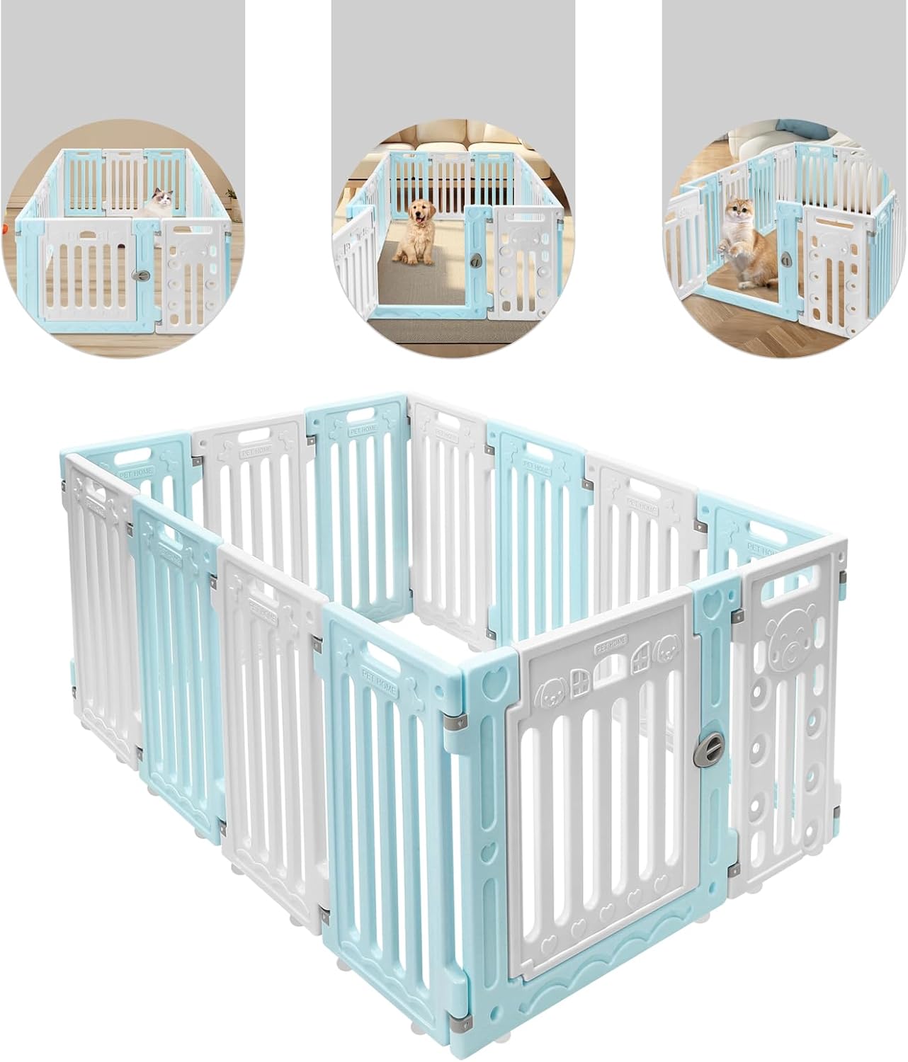 Dog Playpen with Door, 12 Panels Pet Safety Fence Foldable Puppy Pen Indoor Dog Fence, Plastics Enclosure Dog Pen Indoor for Small Dogs and Cats, Easy Assemble (Blue)