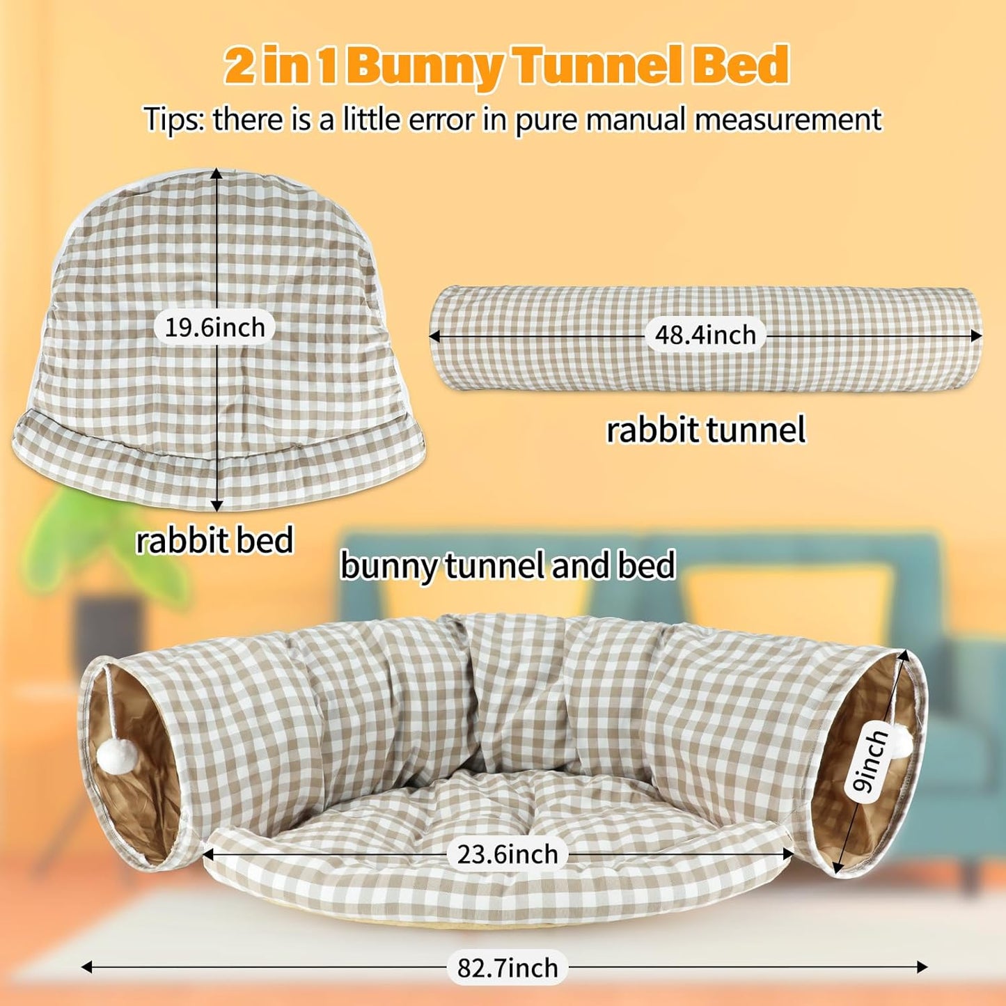 BWOGUE Bunny Tunnel Bed, 2-in-1 Collapsible Tunnel Tubes Toys with Removable Mat Hideout for Cats Kittens Rabbits Guinea Pigs Kitty