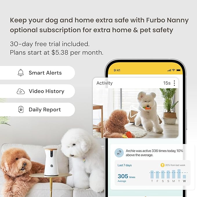 Furbo 360° Dog Camera: Pet Security Cam w/Barking Alerts, Rotating View, Treat Toss w/Phone App, Smart Home Indoor Puppy Monitoring, 2-Way Speaker (Standard Features - No Subscription Required)