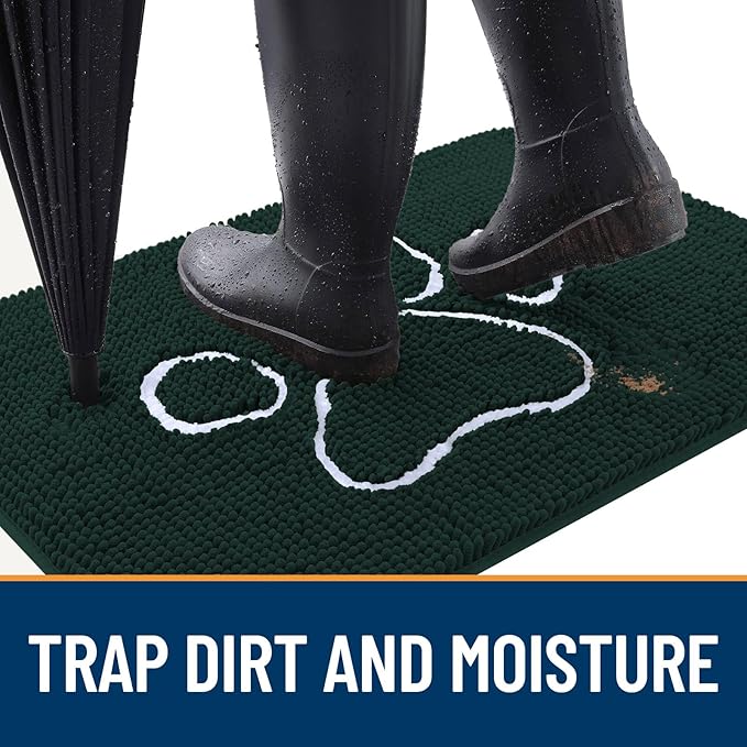 OLANLY Door Mat for Muddy Dog Paws 24x16, Absorbent Chenille Mud Doormat with Paw Print Design, Non-Slip Washable Doormat for Indoor Entryway, Quick-Dry Pet Bed Mats for Dirty Dogs, Blackish Green