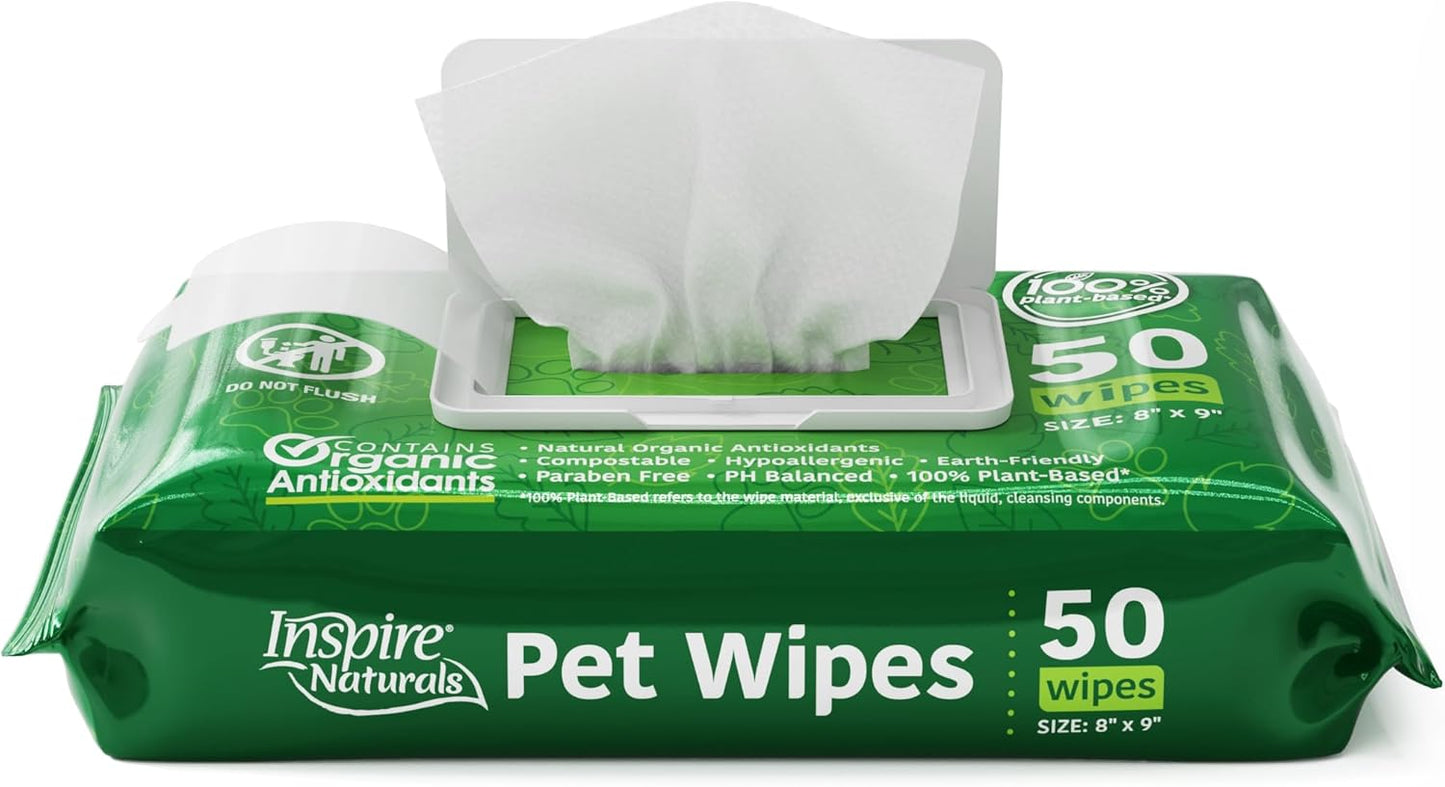 Inspire Naturals Pet Wipes for Dogs and Cats 100% Natural Plant Based with Organic Antioxidants, Dog Wipe Cleaning Deodorizing | Cat Wipes | Puppy Wipes | Dog Wipes for Paws and Butt (50ct - 1 Pack)