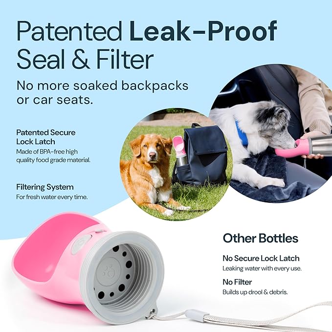 MalsiPree Insulated Dog Water Bottle - 24 Oz, Pink - Leak-Proof Stainless Steel Portable Travel Dispenser & Bowl