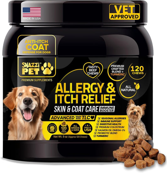 Dog Allergy Chews - Itch Relief w/Omega 3, Colostrum, Probiotics, Turmeric - Seasonal Allergy & Skin Relief - Anti-Itch for Dogs Licking Paws - Beef Flavor - 120 Soft Chews
