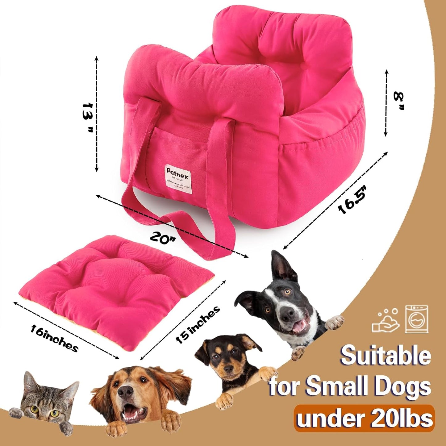 Dog Car Seat for Small Dogs, Portable Puppy Car Seat of Easy Installation, Fashionable Pet Carrier Bag with Large Pockets, Machine Washable Dog Booster Seat (Rose Red)