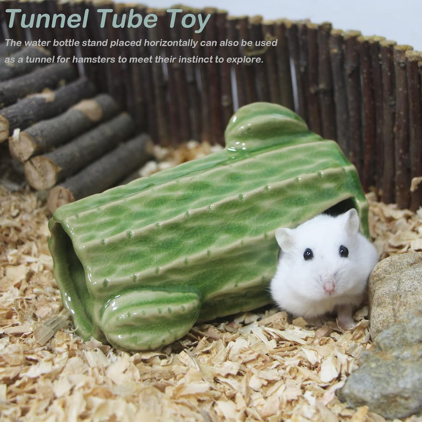 Hamster Water Bottle for Glass Tank, 3-in-1 Adjustable Ceramic Cactus Water Bottle Stand with Holder Dispenser 80ML No Drip for Syrian Dwarf Mice Rat Gerbil Guinea Pig