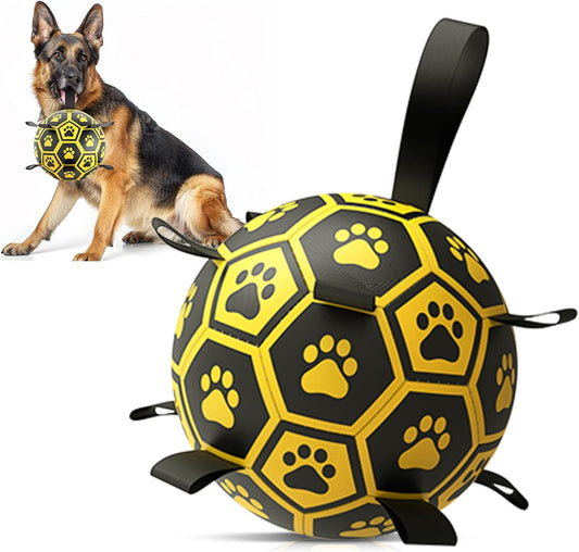 Diman Dog Balls Toys: Soccer Balls for Dogs with Straps, Outdoor Dog Toys, Waterpool Ball, Interactive, Training, Pet Birthday Gifts for Smll Medium Large (Black,Yellow)
