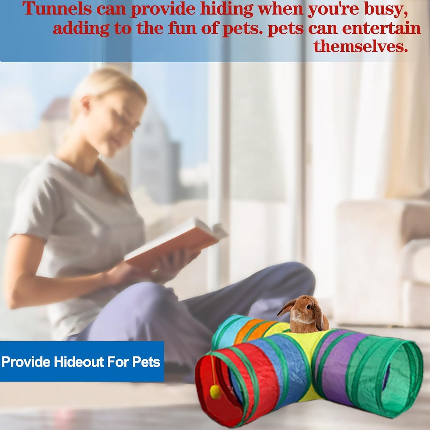 HERCOCCI Bunny Tunnels and Tubes, Collapsible Rabbit Hideout Tunnel Small Animal Activity Toys for Rabbits Bunnies Guinea Pigs Ferrets Kitty Puppy