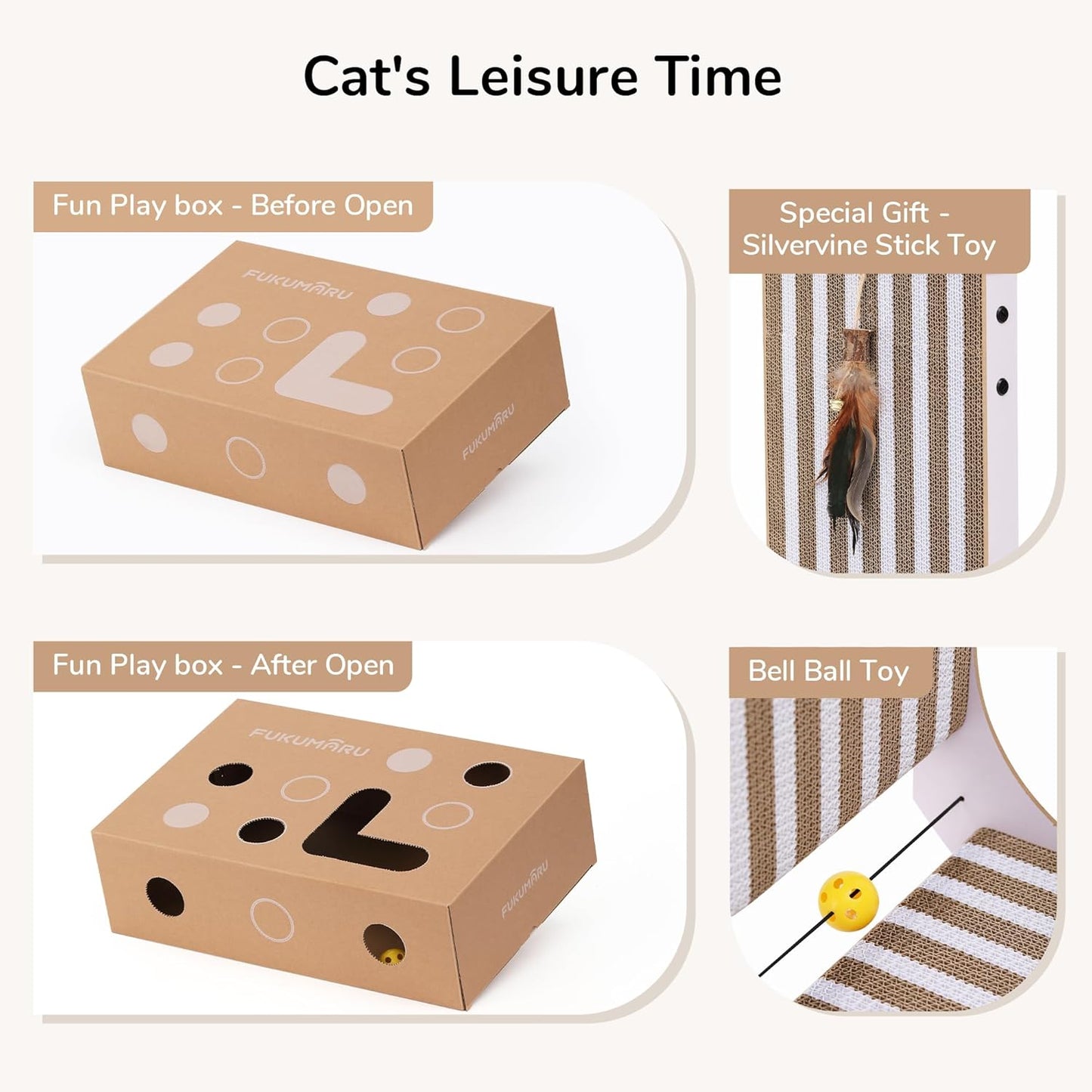 FUKUMARU Cat Scratcher, 26.8 Inch L Shape Cat Scratch Pad, Strip Pattern Cats Scratching Post Wall Mounted, Cardboard Cats Scratcher with Ball Toy for Indoor Kitty, Fun Playing Box Included, L