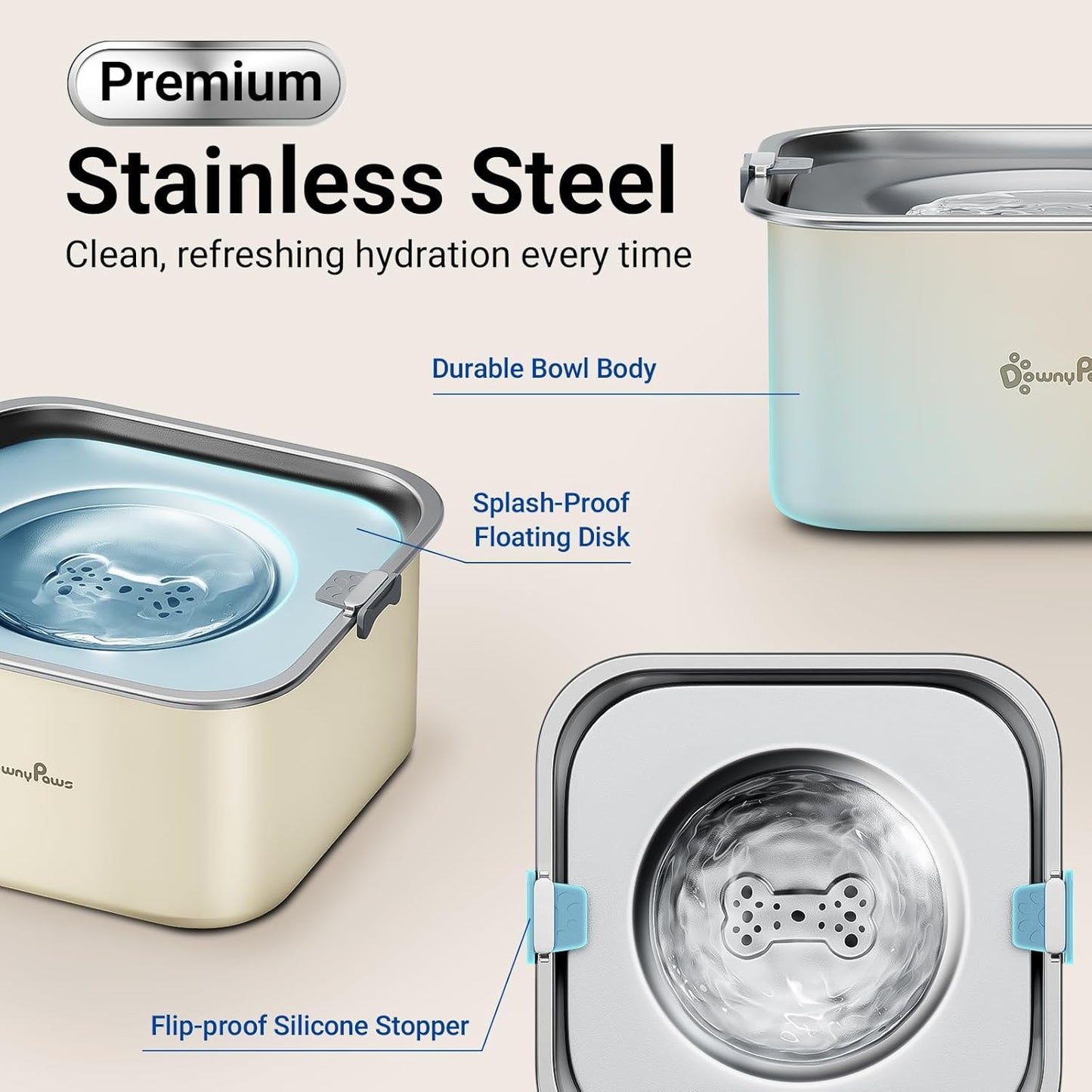 DownyPaws No Spill Water Bowl for Dogs,101oz/3L Slobber Stopper Stainless Steel, Slow Drinking Dog Water Bowl, No Mess Dog Water Dispenser Spill Proof, Dishwasher Safe, Beige