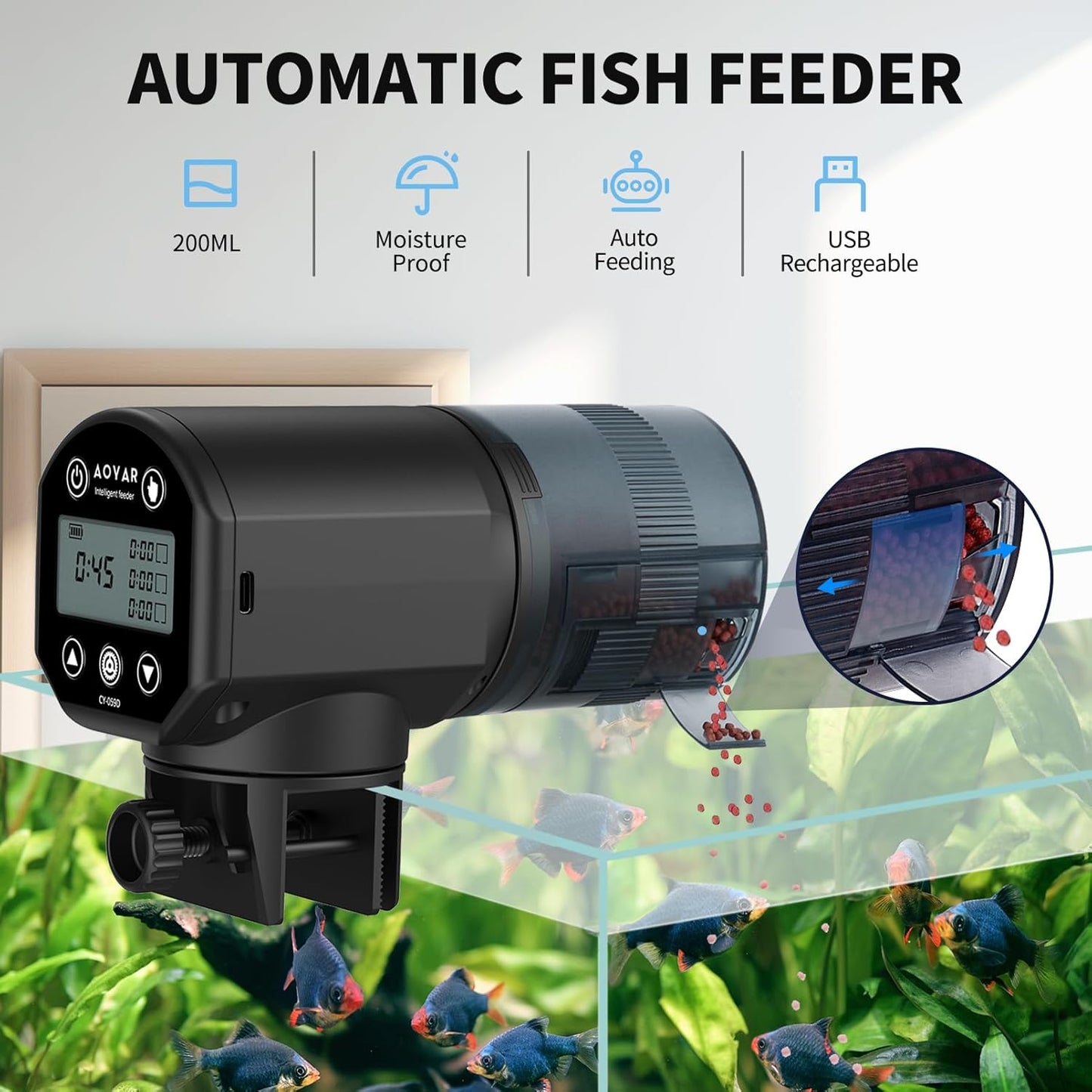 Automatic Fish Feeder Dispenser for Aquarium: Rechargeable Auto Feeders for Tank Turtle Pond Betta - 200ml Smart Food Feeding Timer Dispensers for Flake Pellet Vacation Weekend