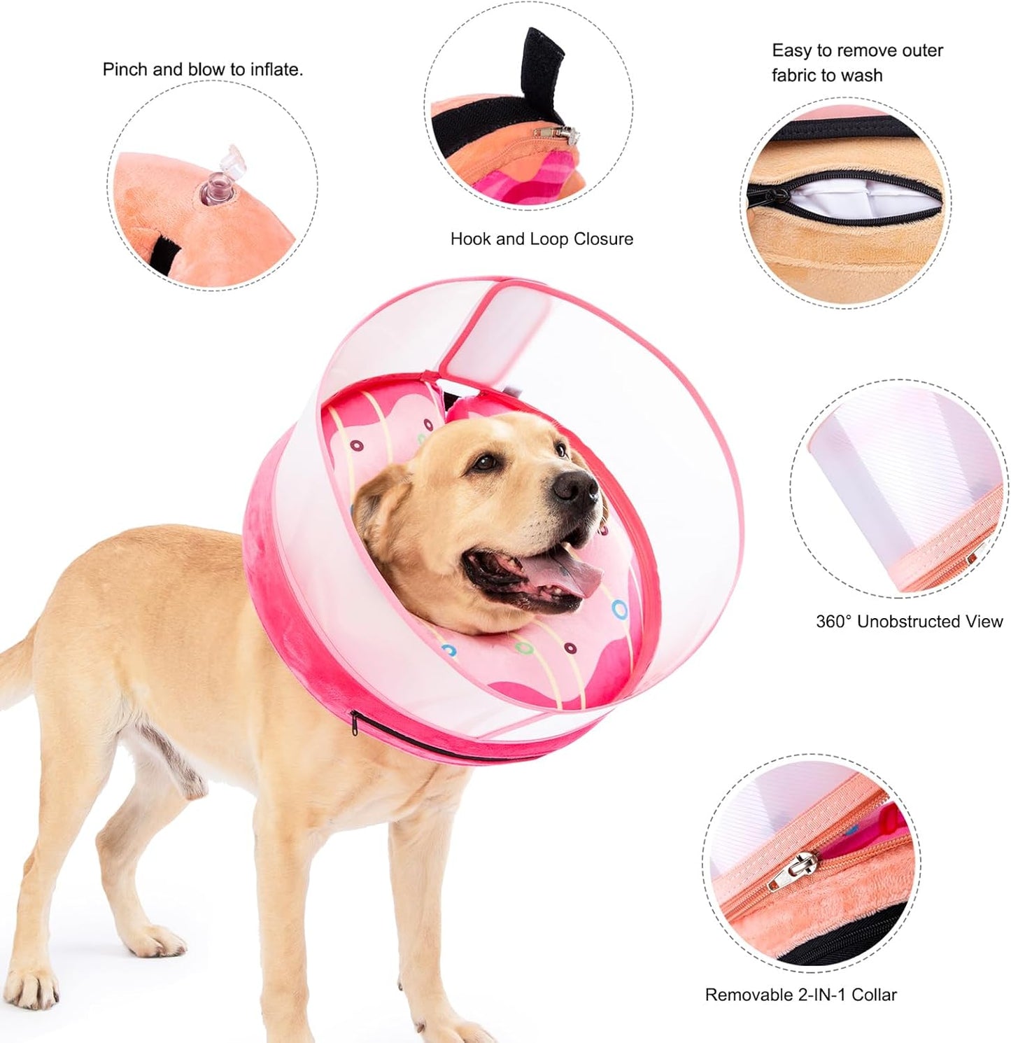 Inflatable Dog Cone Collar for Large Medium Small Dogs, Soft Dog Donut Collar Adjustable Recovery Cone for Pets After Surgery, Extra Enhanced Anti-Licking Guard Shield (Pink Donut, Medium Plus)