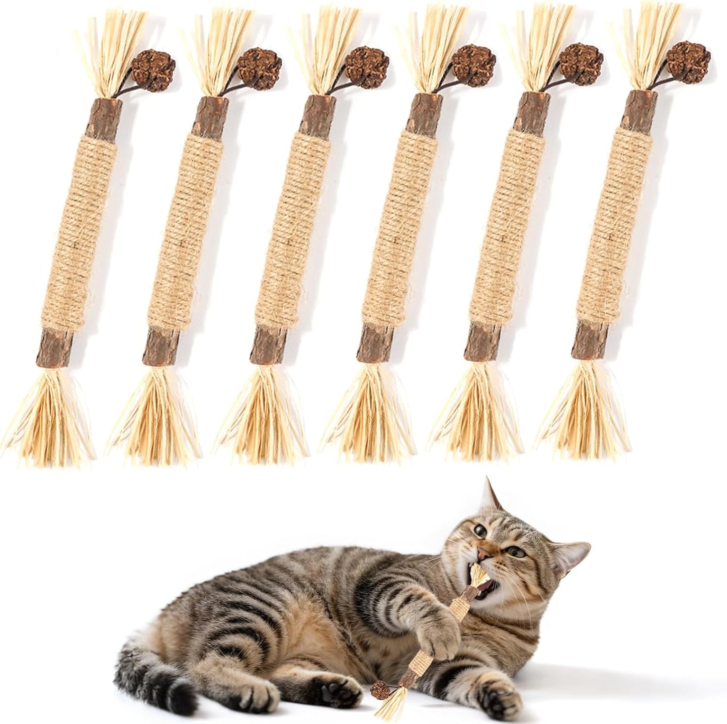 6 Pack Silvervine Cat Chew Toys, Natural Dental Sticks for Indoor Cats, Kittens Teeth Cleaning, Catnip Alternative, Interactive Play, Yellow