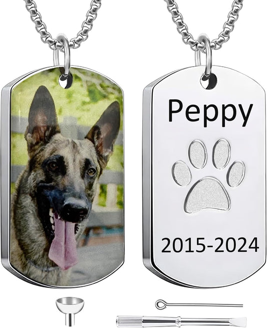 Funnylife Personalized Pet Urn Necklaces for Dog Cat Ashes Custom Photo Text Stainless Steel Cremation Jewelry Pet Loss Memorial Gift