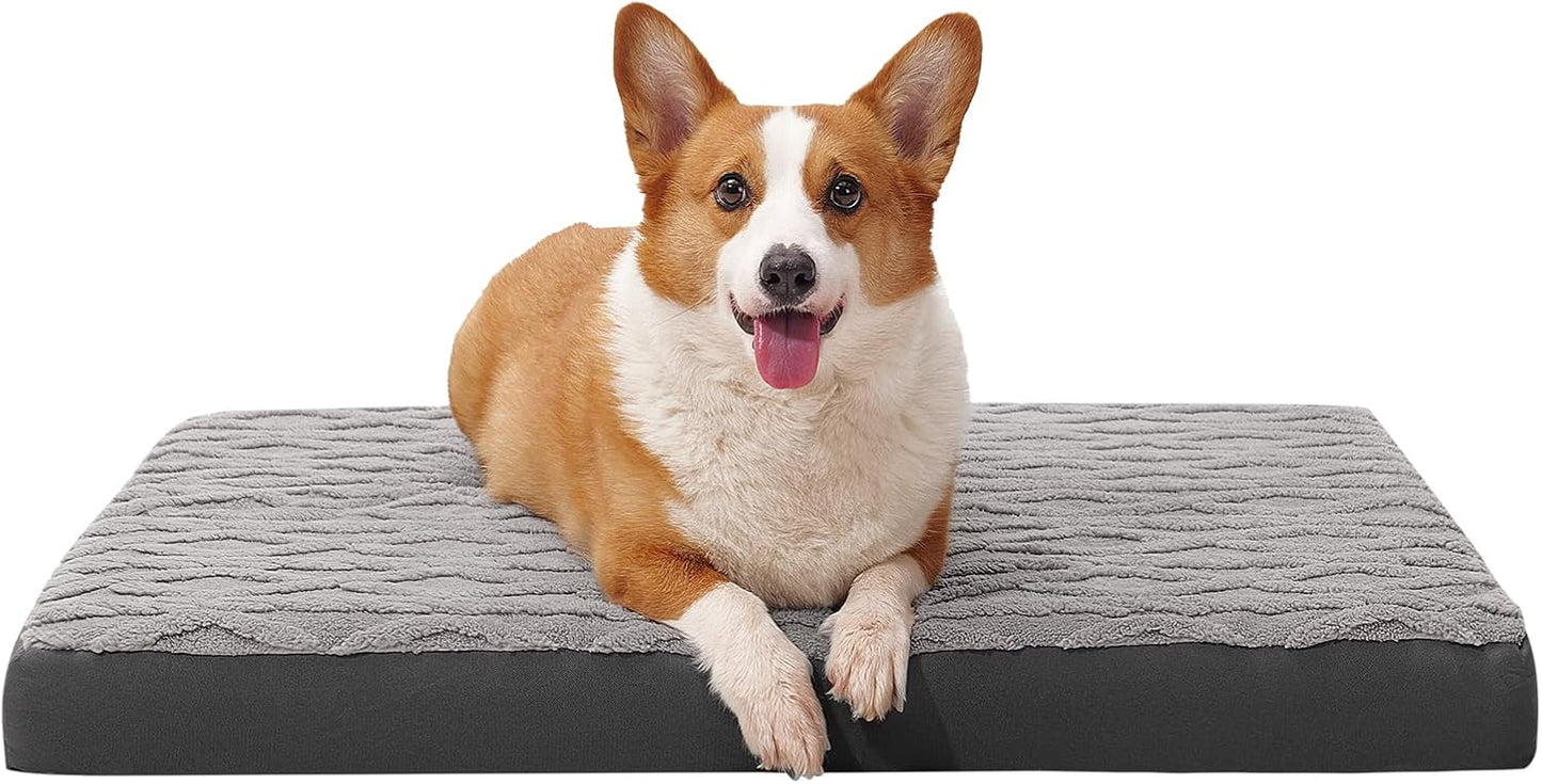 M Waterproof Dog Crate Bed - Soft Comfort Fluffy Memory Foam Pet Bed with Anti-Slip Bottom, Machine Washable Dog Bed for Kennel, 35"x22"x3", Grey