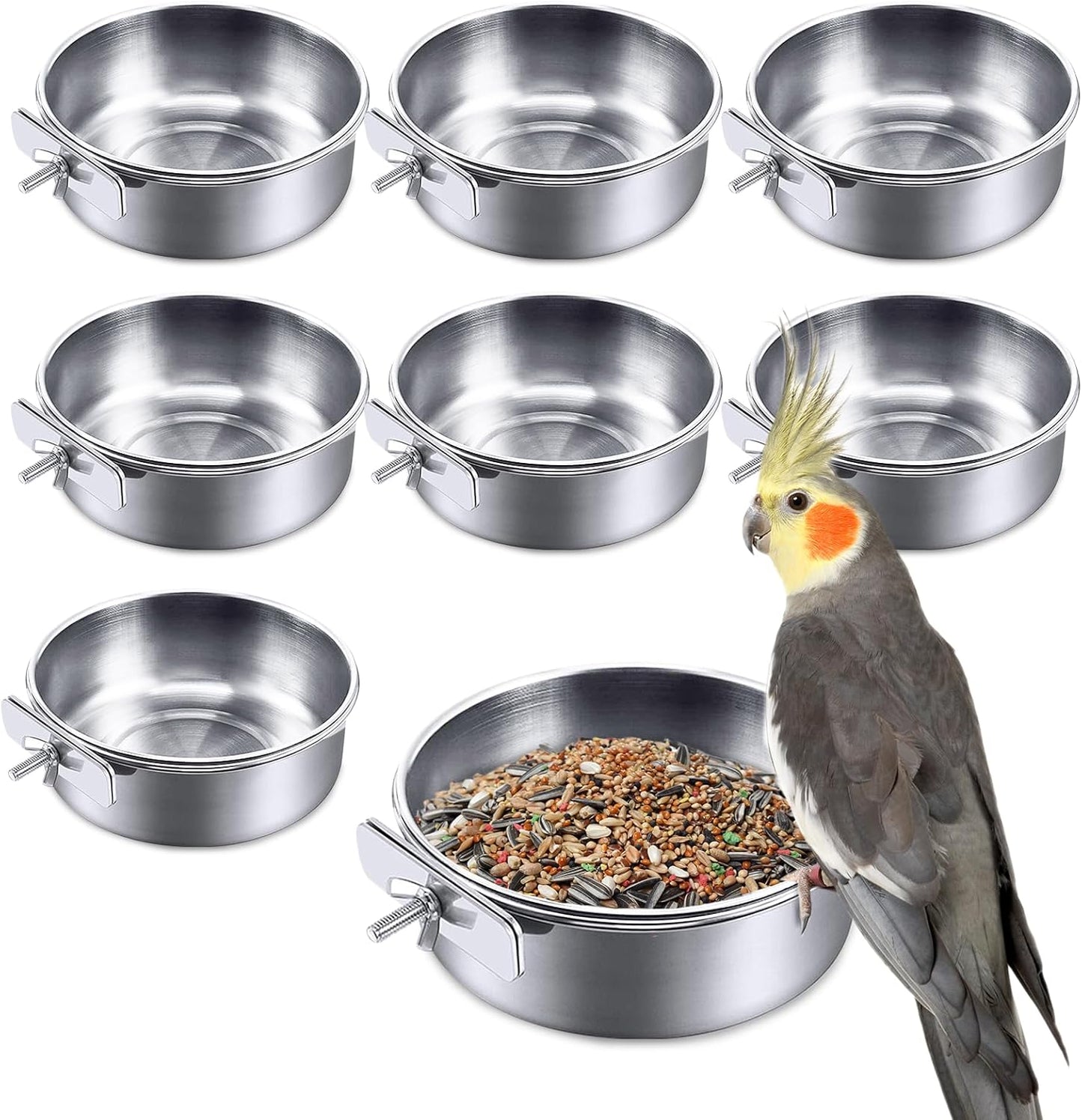 kathson 8 Pack Bird Feeding Dish Cups, Stainless Steel Parrot Feeders Water Cage Bowls with Clamp Holder Bird Feeders for Parakeet Cockatiels Conure Budgies Lovebird Finch and Small Animals
