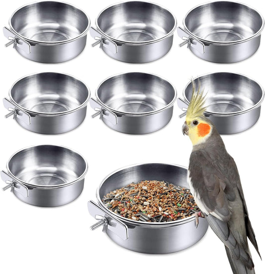 kathson 8 Pack Bird Feeding Dish Cups, Stainless Steel Parrot Feeders Water Cage Bowls with Clamp Holder Bird Feeders for Parakeet Cockatiels Conure Budgies Lovebird Finch and Small Animals