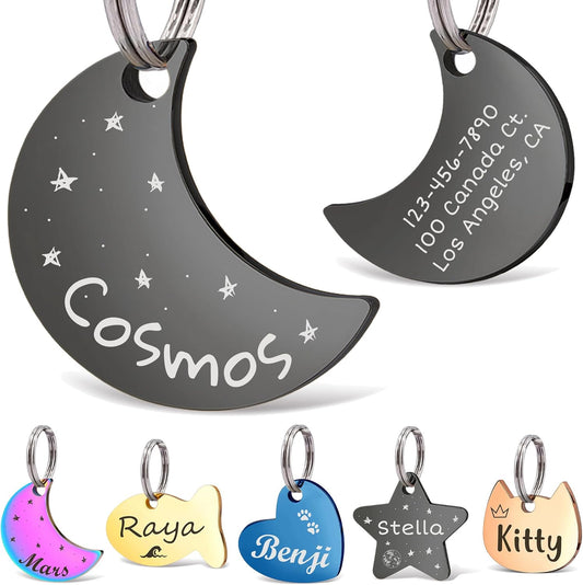 Anavia Small Size Dog Cat ID Tags, Small/XS Personalized Color Plated Stainless Steel Puppy Kitten Name Tags, Customized Engraved Nameplate Pet Collar Tag (Black, Moon)