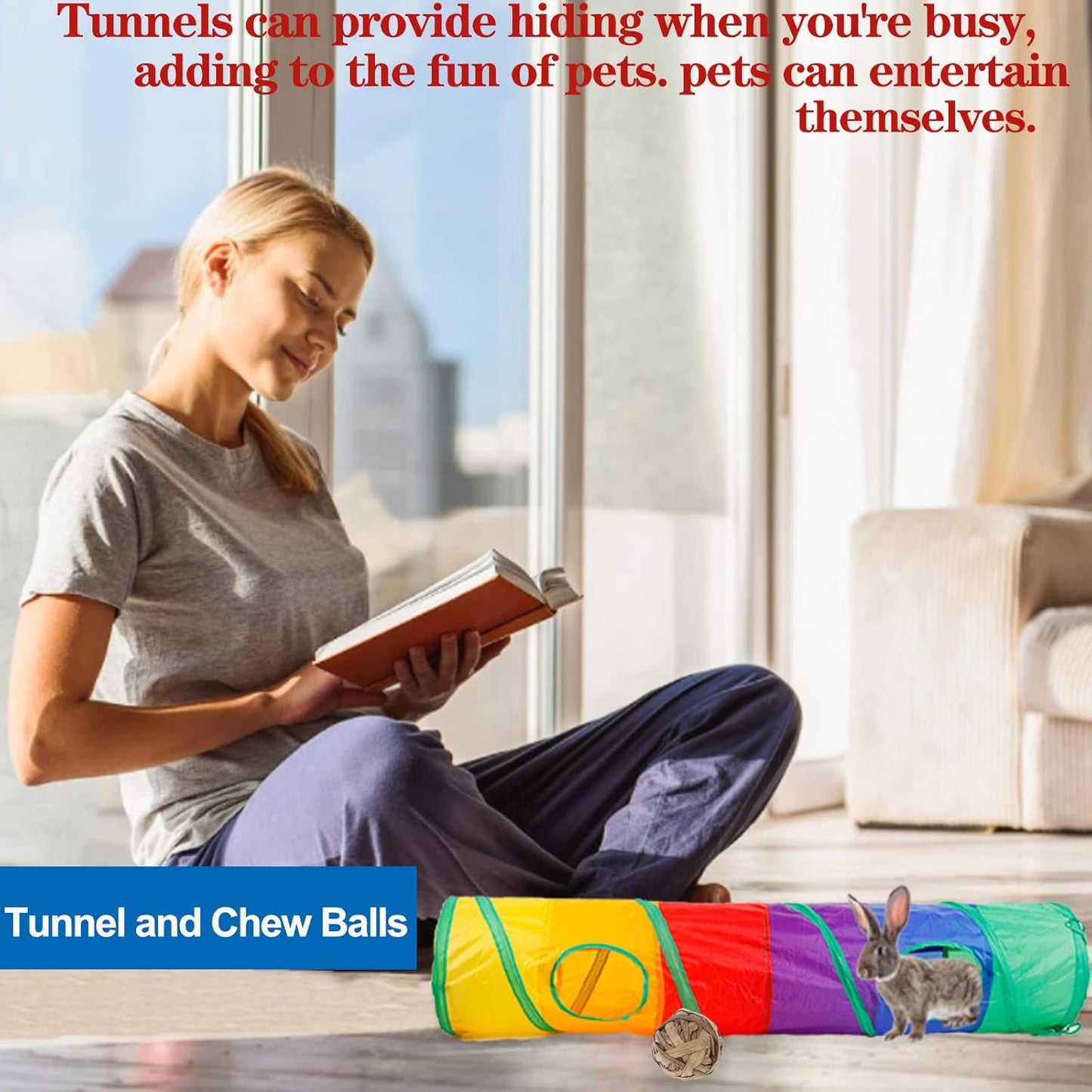 HERCOCCI Bunny Tunnels and Tubes, Collapsible Rabbit Hideout Tunnel Small Animal Activity Toy for Rabbits Bunnies Guinea Pigs Ferrets Kitty Puppy