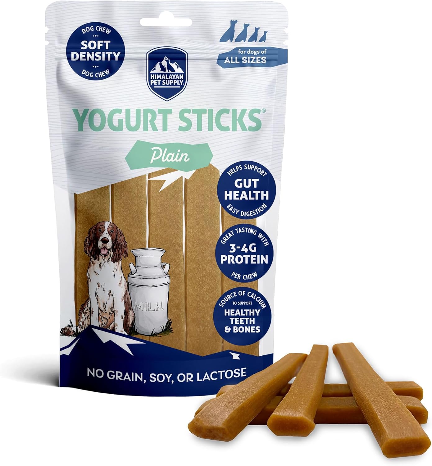 Himalayan Dog Chew Yogurt Sticks, Plain Flavored, Dog Treats With Prebiotics, Probiotics & Protein, Digestive Support, Lactose & Gluten Free, Natural Dog Treat for All Breeds, Made in America, 5 Count