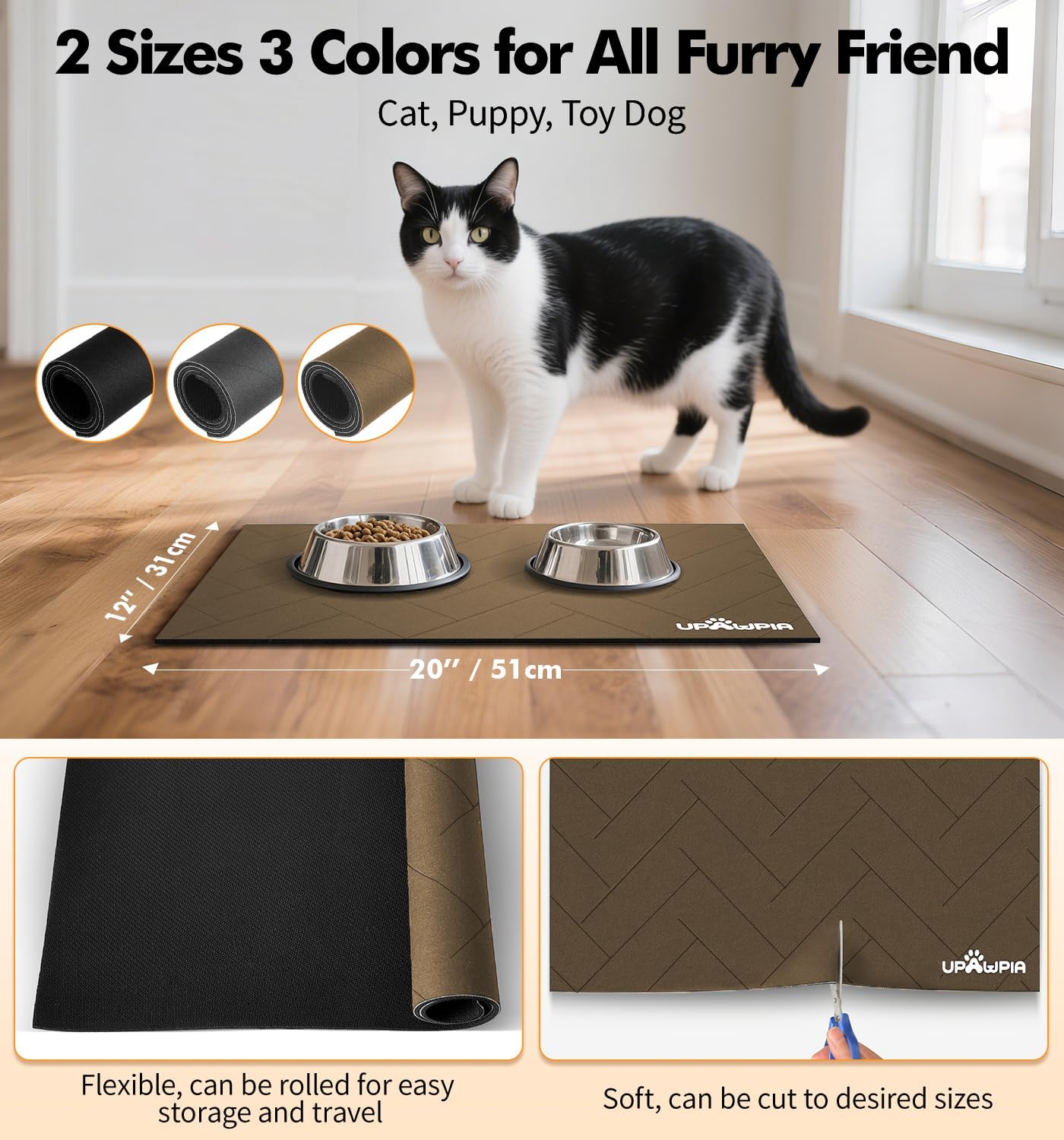 Pet Food Mat Absorbent Cat Food Mat Dog Mat for Food and Water Quick Dry No Stains Dog Feeding Mat Placemat for Messy Drinkers Cat Food Mats for Indoor Cats Bowl Mat Pet Supplies 12"X20" Brown