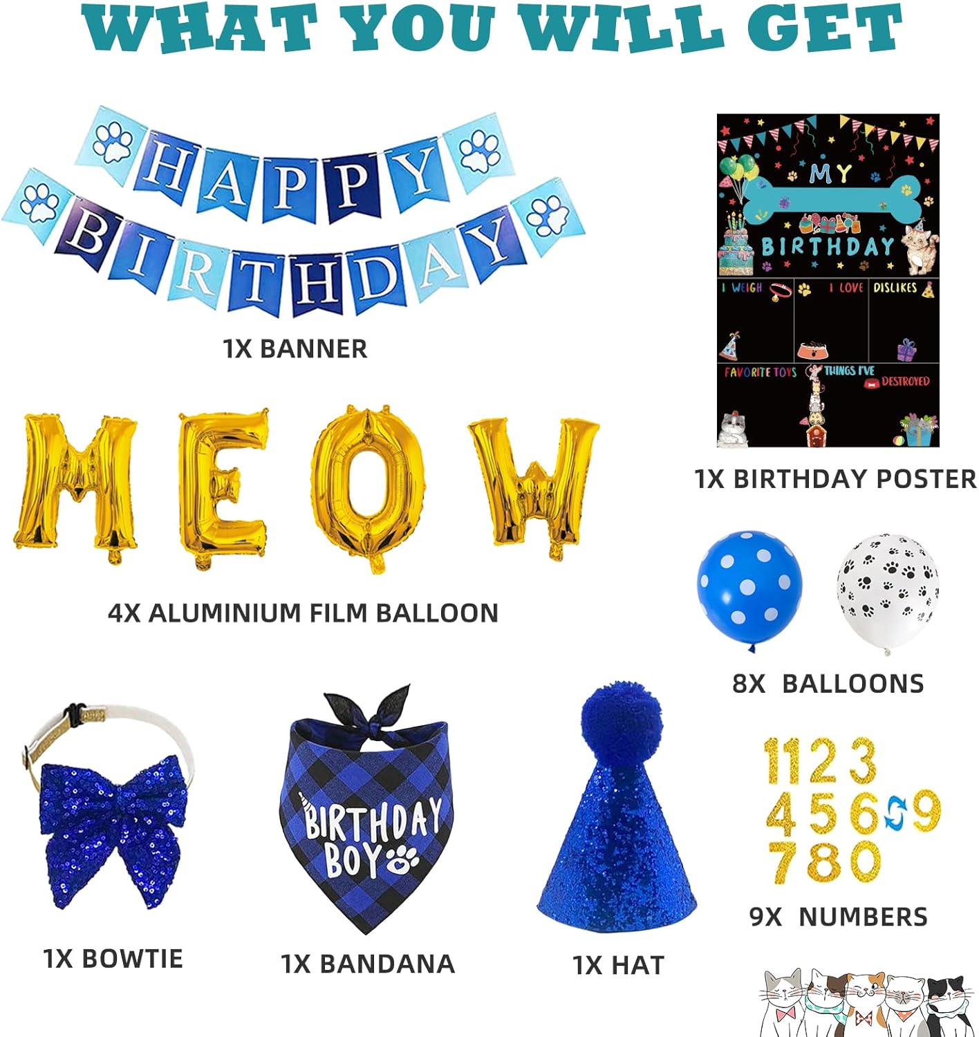 Cat Kitten Birthday Bandanas Cat Birthdays Party Supplies Party Hat Boy with Cat Birthdays Banner Balloons Meow Letter Foil Balloons for Boy Cats Kitten Decorations