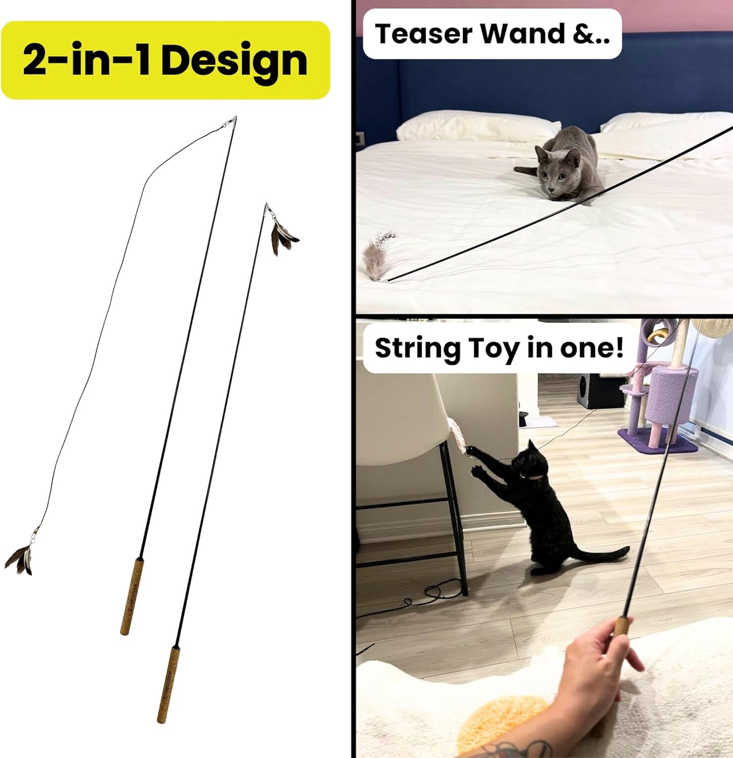 Forever Stick 3 Pack - The Unbreakable Cat Toy Wand, Extra Long Durable Interactive Cat Toy for Indoor Cats, Feather Kitten Toys for Bored Indoor Adult Cats, Bird Teaser Cat Accessories