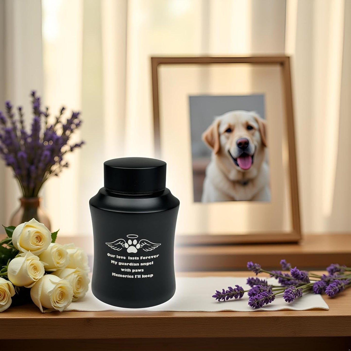Black Stainless Steel Pet Urn for Ashes – Medium Cremation Urn for Dogs and Cats, Holds Up to 80 lbs, Engraved Paw Print with Angel Wings, Pet Memorial Keepsake
