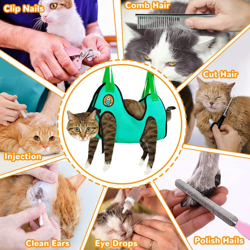 AWOOF Cat Grooming Hammock Harness for Cats & Dogs, Restraint Dog Grooming Hammock with Nail Clippers/Trimmer, Nail File, Comb, Grooming Scissors for Nail Trimming Ear Cleaning Medicine Taking