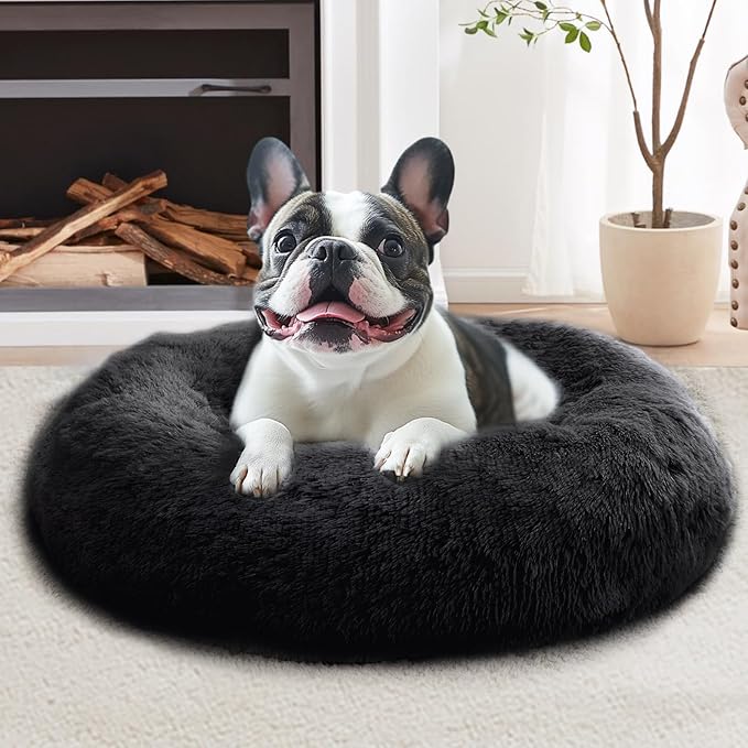 JOLLYVOGUE Medium Calming Dog Bed, Anti-Anxiety Donut Cuddler Cat Bed with Anti-Slip Bottom, Fluffy Faux Fur Machine Washable Pet Cushion for Medium Large Dog & Cat (31")