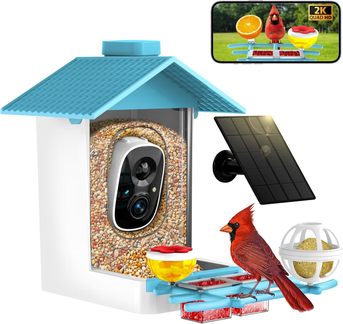 TayePin Bird Feeder with Camera Solar Powered & AI Identify 10,000+ Birds Species, 2.4Ghz WiFi Smart Feeding, 2K HD Live Video for Outdoor, IP65 Waterproof, Instant Arrival Alerts, Bird Lover Gifts
