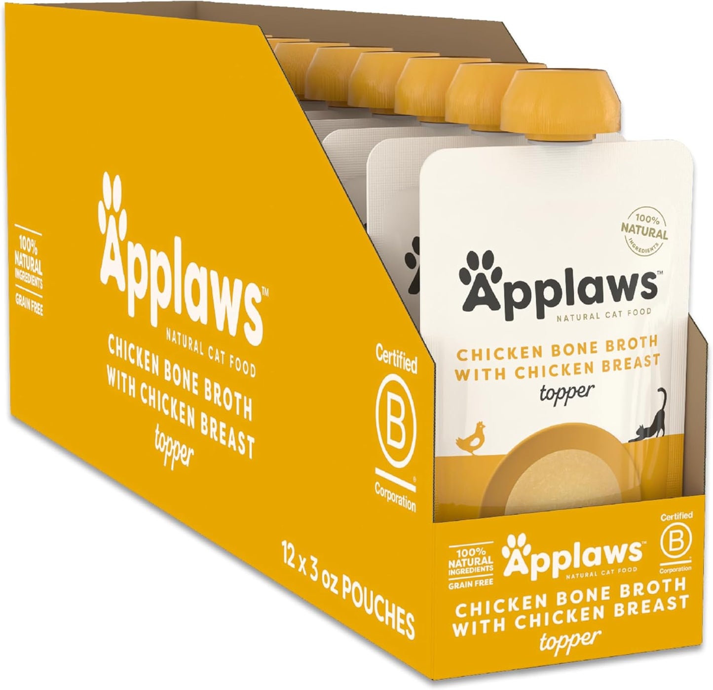 Applaws Natural Wet Cat Food in Topper, Limited and Natural Ingredients, High Protein with No Artificial Additives, Chicken Breast Bone Broth (12 x 3oz Resealable Spout Pouches)