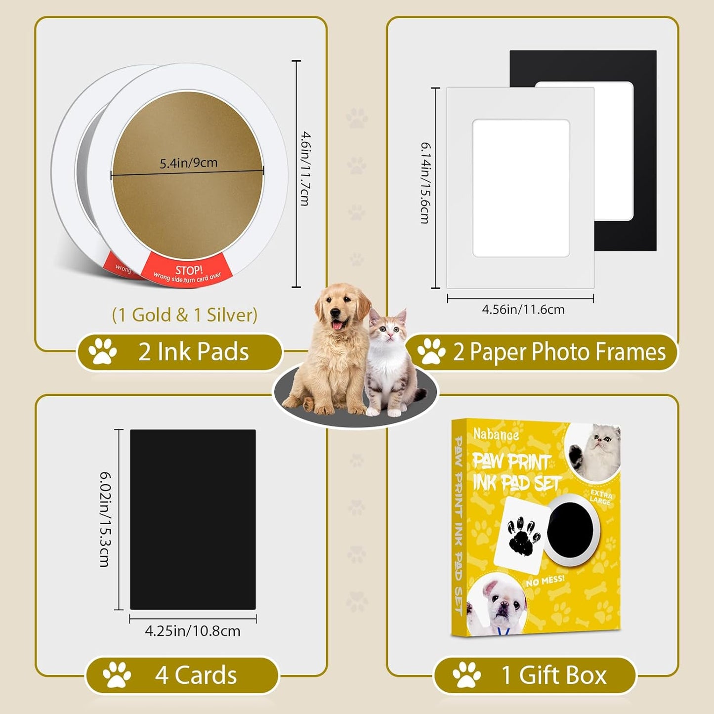 Nabance Paw Print Kit, Dog Nose Print Kit, Mess-Free Gold & Silver Paw Print Ink Pads, 8Pcs Pet Paw Print Impression Kit with Photo Frames, Safe Clean Touch Ink Pads, Nose Print Stamp Pad for Dogs Cat